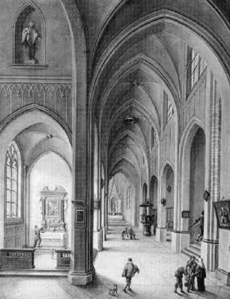 Figures In A Gothic Dutch Church Oil Painting by Johann Ludwig Ernst Morgenstern