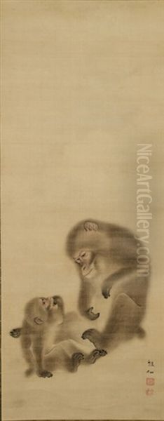 A Seated Female Monkey With Young One Oil Painting by Sosen Mori