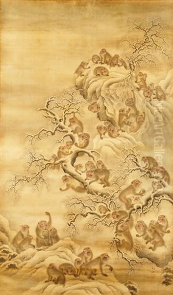 Monkeys In A Snowy Landscape Oil Painting by Sosen Mori