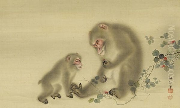 Untitled (two Monkeys Beside A Trailing Fruiting Vine Of Kiichigo (japanese Raspberry)) Oil Painting by Sosen Mori