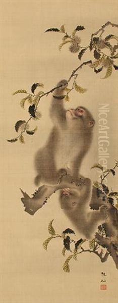 Monkeys In A Chestnut Tree Oil Painting by Sosen Mori