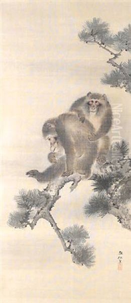 Two Monkeys On A Pine Branch Oil Painting by Sosen Mori