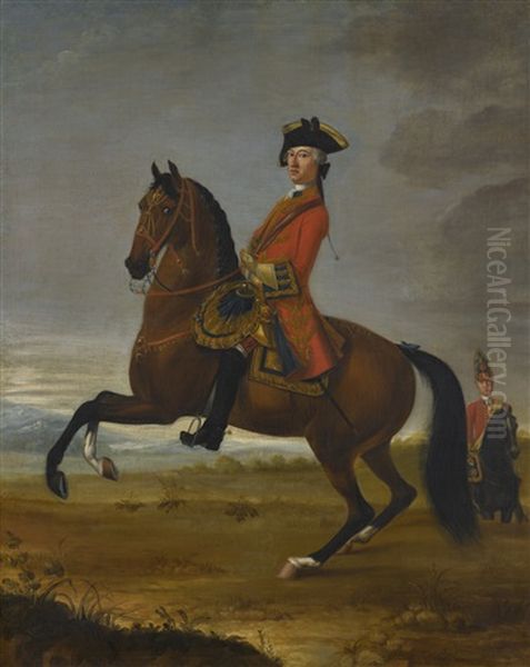 An Equestrian Portrait Of An Officer Of The 1st Troop Of Horse Grenadier Guards On A Bay Charger, With A Trooper To The Right Oil Painting by David Morier