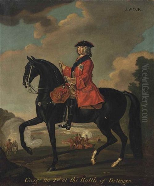 Equestrian Portrait Of King George Ii (1683-1760), In A Scarlet Coat And Breastplate, Wearing The Ribbon And Star Of The Garter, At The Battle Of Dettingen Oil Painting by David Morier