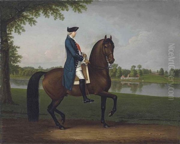 Equestrian Portrait Of Prince William Augustus, Duke Of Cumberland (1721-1765), Full-length, Mounted On His Bay Charger, In A Blue Coat, White Breeches, Black Hat And The Sash Of The Order Of The Bath, A View Of The River Thames Beyond Oil Painting by David Morier