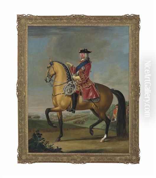 Equestrian Portrait Of King George Ii (1683-1770), In A Red Velvet Coat With Gold Embroidery, In A Landscape With A Military Camp And Infantry Beyond by David Morier