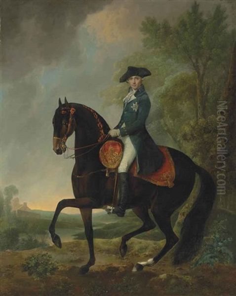 Equestrian Portrait Of An Officer, Small Full-length, In A Tricorn And Blue Frock Coat With The Star Of The Order Of The Garter, In A River Landscape Oil Painting by David Morier