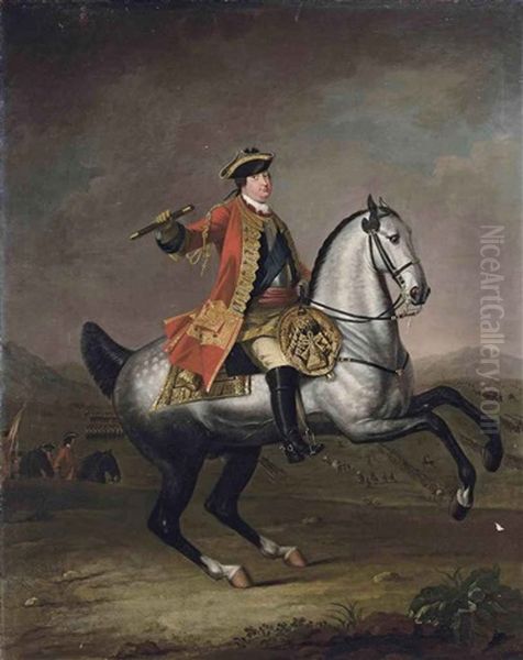 Equestrian Portrait Of Prince William Augustus, Duke Of Cumberland, In A Scarlet Military State Coat With The Ribbon Of The Garter, With Infantry... Oil Painting by David Morier