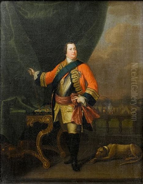 Portrait Of William Augustus, Duke Of Cumberland, In Military Uniform, Standing In A Loggia Before A Military Encampment Oil Painting by David Morier