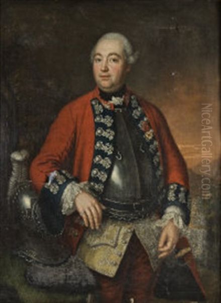 Portrait Of A Military Officer Wearing A Red Coat With Dark Blue And Lace Froggings Above A Breast Plate, A Plumed Helm Beside Him Oil Painting by David Morier