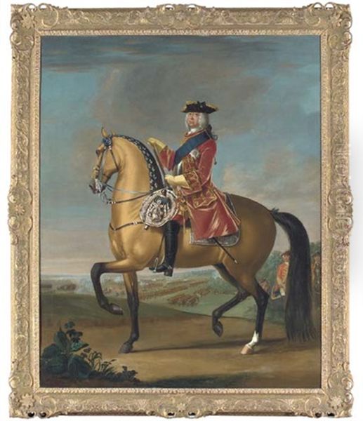 Equestrian Portrait Of King George Ii, In A Red Velvet Coat With Gold Embroidery, In A Landscape With A Military Camp And Infantry Beyond (collab. W/studio) Oil Painting by David Morier