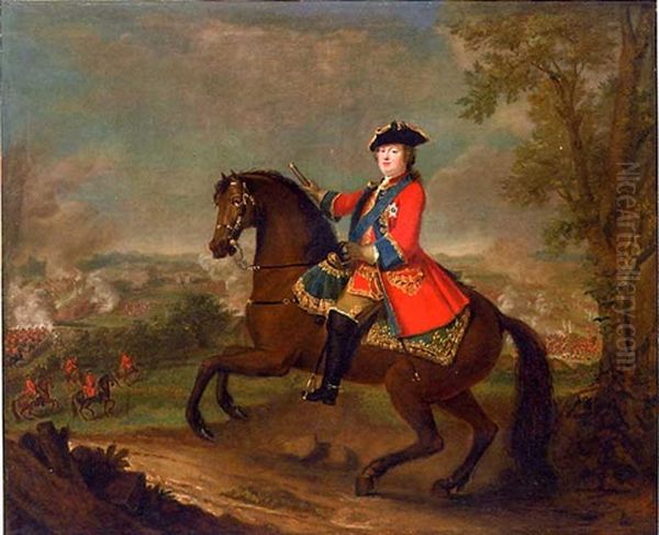 H.r.h. William Augustus, Duke Of Cumberland, On Horseback, Wearing Frock Uniform Of The First Guards With The Ribbon And Star Of The Garter, Holding A Baton, A View To The Battle Of Culloden Beyond by David Morier