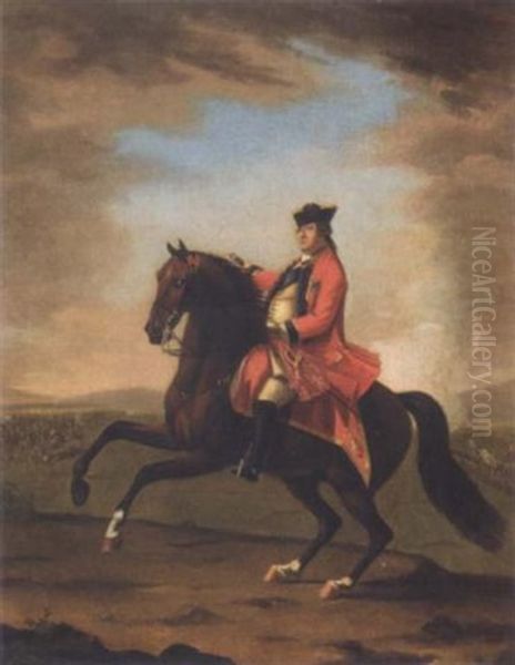 Equestrian Portrait Of H.r.h. William Augustus, Duke Of Cumberland, Seated On His Charger, Wearing Uniform And The Garter Star, A Battle Beyond Oil Painting by David Morier