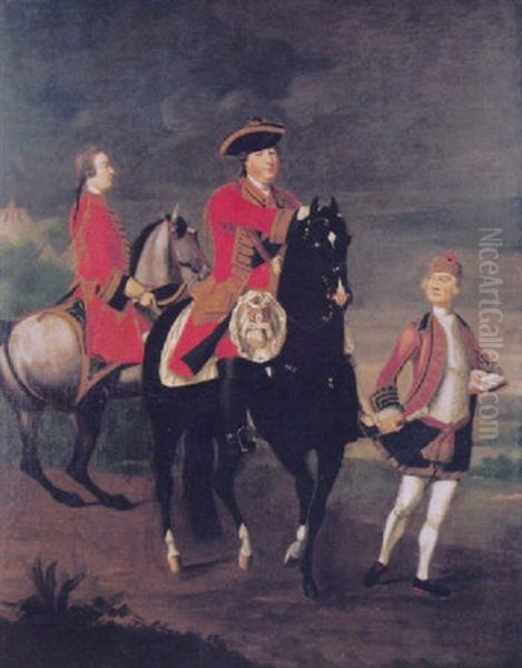 Equestrain Portrait Of Augustus, Duke Of Cumberland, With An Aide De Camp, And A Highland Servant Oil Painting by David Morier