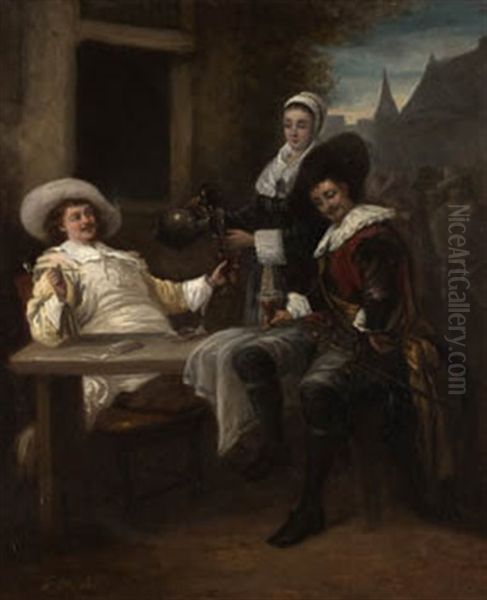 Hombres Jugando A Naipes Y Bebiendo Oil Painting by Jose Morillo Ferradas