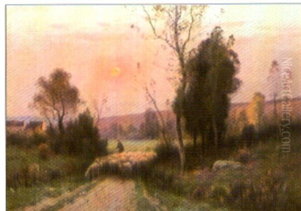 Schafer Mit Seiner Herde Bei Abendstimmung Oil Painting by Adolphe Morin