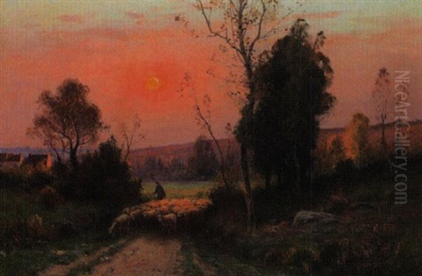 Schafer Mit Seiner Herde Bei Abendstimmung Oil Painting by Adolphe Morin