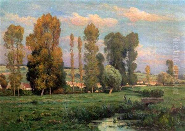 Figures Fishing By A Stream Oil Painting by Adolphe Morin