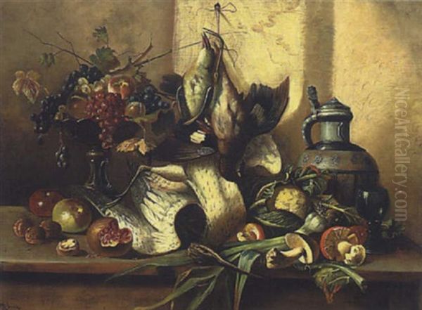 Stillleben Mit Fruchten, Pilzen Und Schnepfe Oil Painting by Edmond Morin