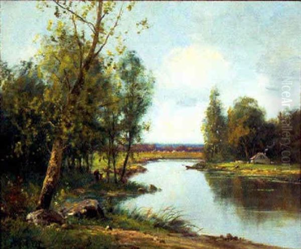 Wooded Lowland River With Cottage And A Village Beyond Oil Painting by Edma Morisot