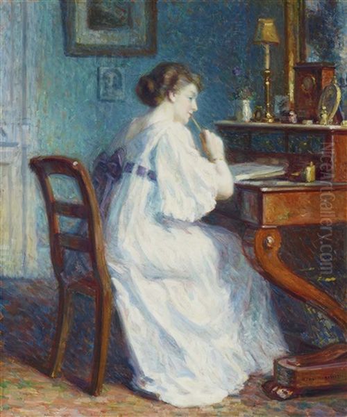 Lady At The Desk Oil Painting by Francois Henri Morisset