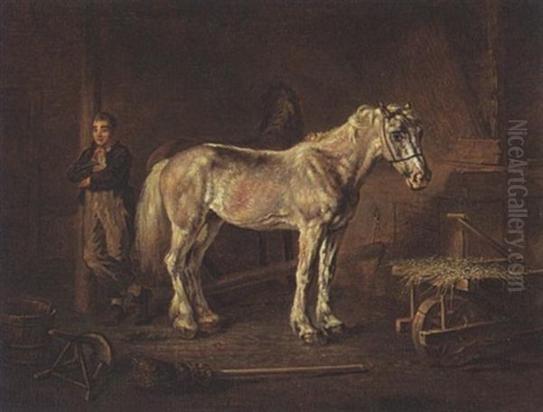 Two Horses And A Groom In A Stable Oil Painting by Louis Moritz