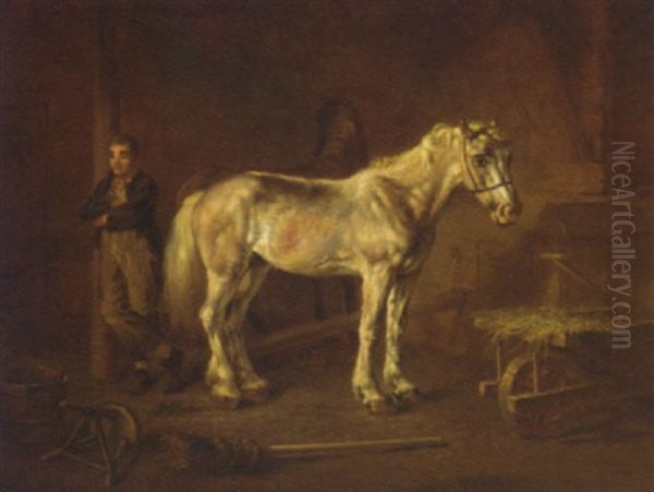 Two Horses And A Groom In A Stable Oil Painting by Louis Moritz