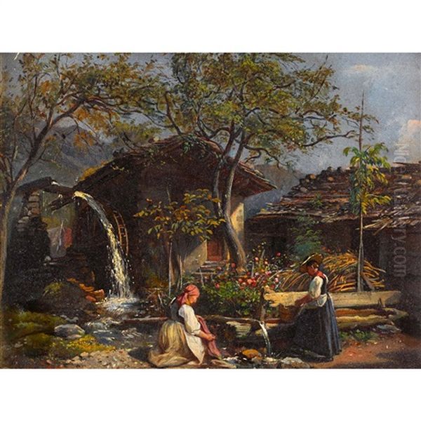 Zwei Wascherinnen Am Brunnen Oil Painting by William Moritz