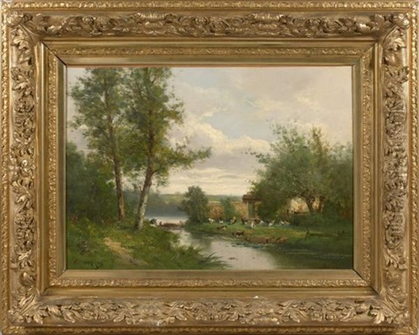 Lavandiere Et Basse-cour Pres Du Ruisseau Oil Painting by Edma Morizot