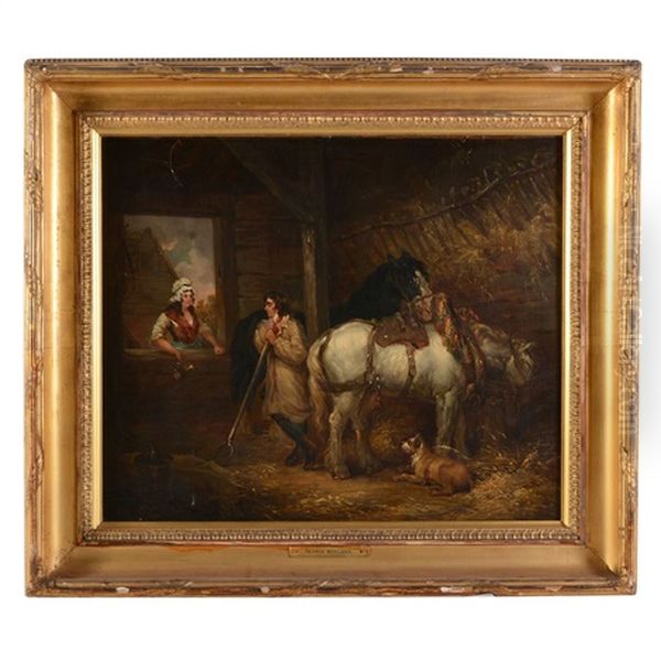 Stable Scene With Horse And Two Figures Conversing Oil Painting by George Morland