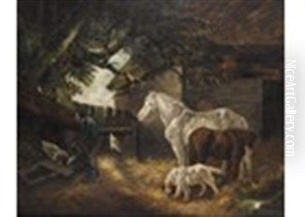 Horses, A Pig And A Dog In A Farmyard Oil Painting by George Morland