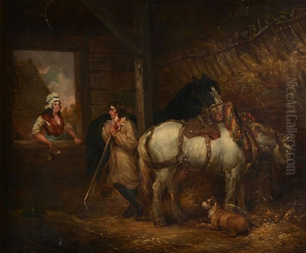 Stable Scene With Horse And Two Figures Conversing Oil Painting by George Morland