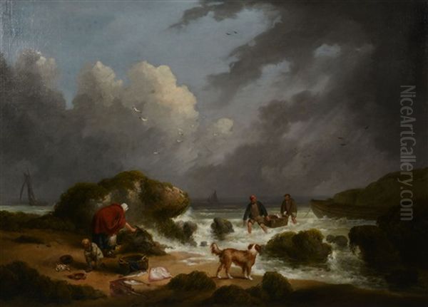 Fishermen - A Beach Scene Under A Stormy Sky Oil Painting by George Morland