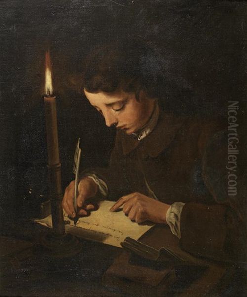 A Boy Writing A Letter By Candlelight Oil Painting by Henry Robert Morland