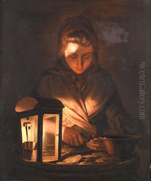 A Young Woman Shucking Oysters By Lamplight Oil Painting by Henry Robert Morland