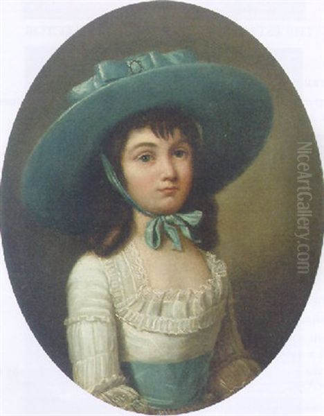 Portrait Of Penelope Merton Wearing A Blue Hat Oil Painting by Henry Robert Morland