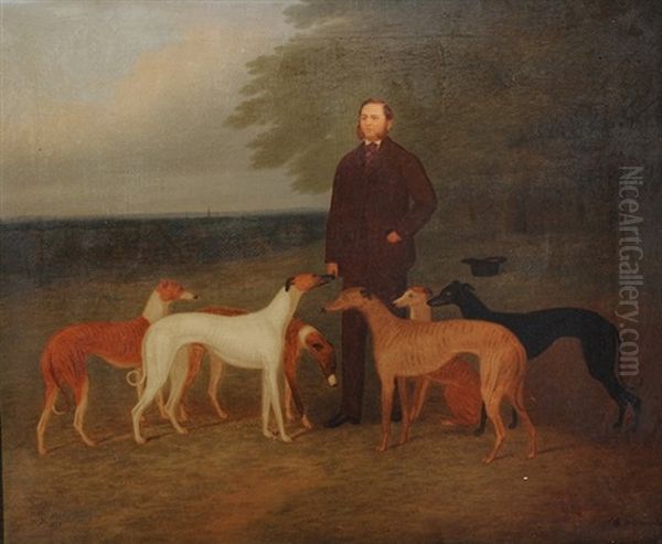 Portrait Of George Darlinson And Five Of His Greyhounds In A Rural Landscape Oil Painting by George Morley