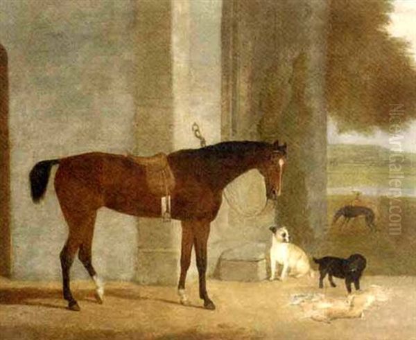 A Dark Brown Horse Tethered To An Arch With Dogs In A Landscape Oil Painting by George Morley