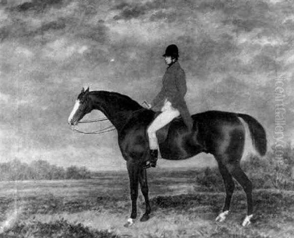 A Huntsman On A Bay Thoroughbred In An Extensive Landscape Oil Painting by George Morley