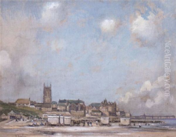 Bathing Huts At Cromer, Norfolk Oil Painting by Henry Morley