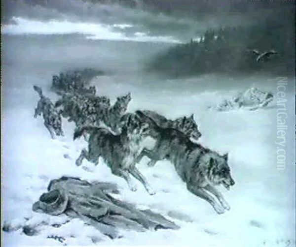 A Wolf Pack Oil Painting by Robert Morley