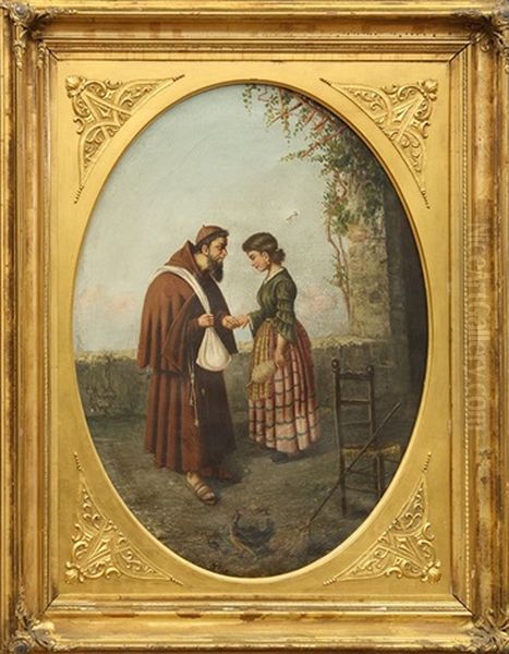 Monk With Woman In Courtyard Oil Painting by Gaetano Mormile