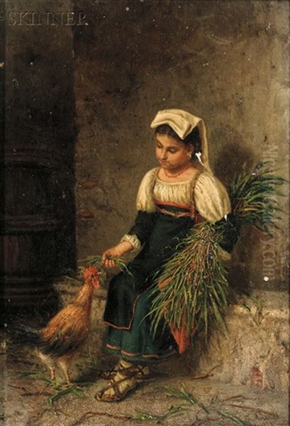 Portrait Of A Woman Feeding A Rooster Oil Painting by Gaetano Mormile