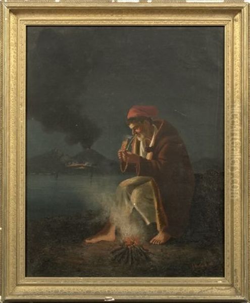 Peasant Smoking Pipe, Mount Vesuvius Vistible In The Distance Oil Painting by Gaetano Mormile