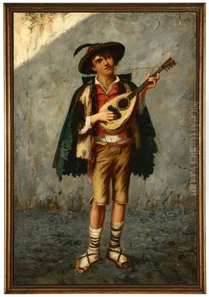 Young Musician Playing A Mandolin Oil Painting by Gaetano Mormile