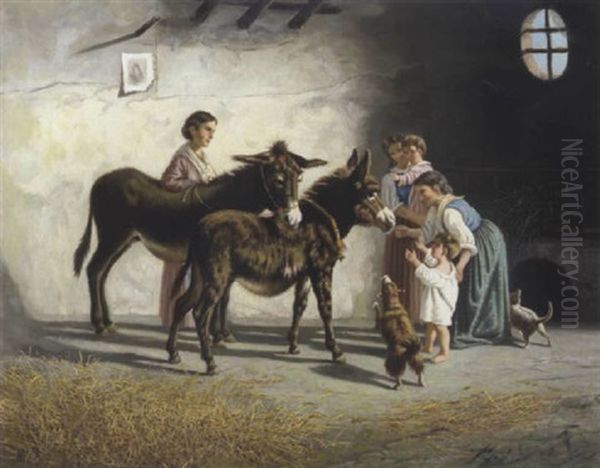 Neapolitanische Bauernfamilie Mit Zwei Esel Oil Painting by Gaetano Mormile