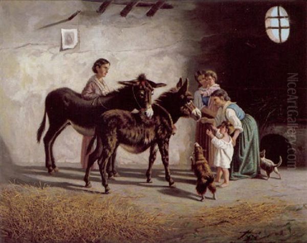 Neopolitanische Bauernfamilie Mit Zwei Esel Oil Painting by Gaetano Mormile