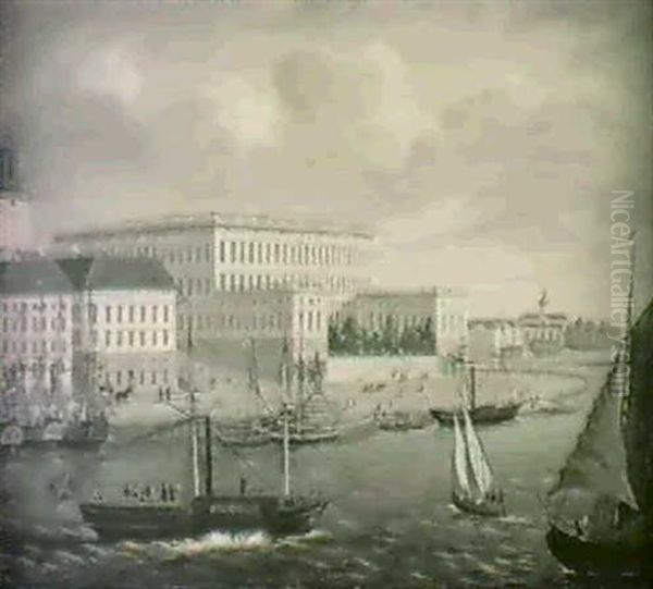 Stockholmsmotiv Med Slottet -                               I Forgrunden Ang- Och Segelbatar Oil Painting by Axel Otto Morner