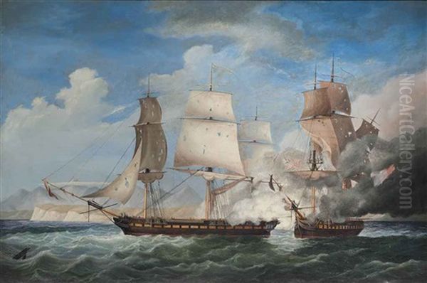 H.m.s. San Fiorenzo Engaging The French Frigate Piemontaise Off Ceylon, 6th - 8th March 1808 Oil Painting by Charles Augustus Mornewick