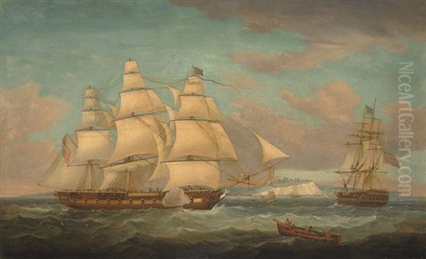 An East Indiaman In Two Positions Off Dover Calling For A Pilot Oil Painting by Charles Augustus Mornewick